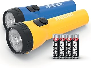 EVEREADY LED Torch, Pack of 2, Batteries Included, Super Bright Flashlight | Super Bright Flashlight, Water Resistant, Perfect for Camping , Outdoors & Emergency Light, Pack of 2, Blue/Yellow
