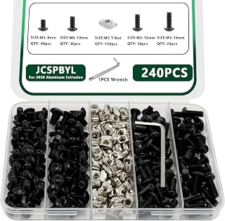 240 pcs M5 T Nut Screws Kit for 2020 2040 2080 Aluminum Extrusion, 120 pcs Black M5x8/10/12/14mm Hexagon Socket Screws and 120 pcs M5 Drop in T-Nuts with 1 pcs Hex Wrench