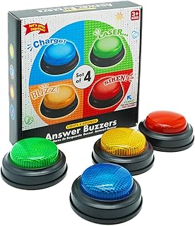 Gelabur Set of 4 Buzzers for Trivia Games, Answer Buzzers for Classroom, Family Feud Jeopardy Buzzer, Game Buzzers with Lights and Sound for Classroom, Game Show Buzzer Buttons