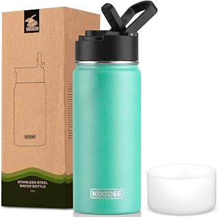 Koodee 16 oz Stainless Steel Water Bottle Double Wall Vacuum Insulated Wide Mouth Water Bottle with Leak Proof Straw Lid