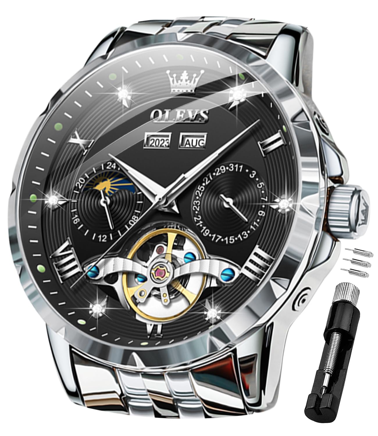 OLEVS Mens Automatic Mechanical Tourbillon Watches Stainless Steel Waterproof Lu