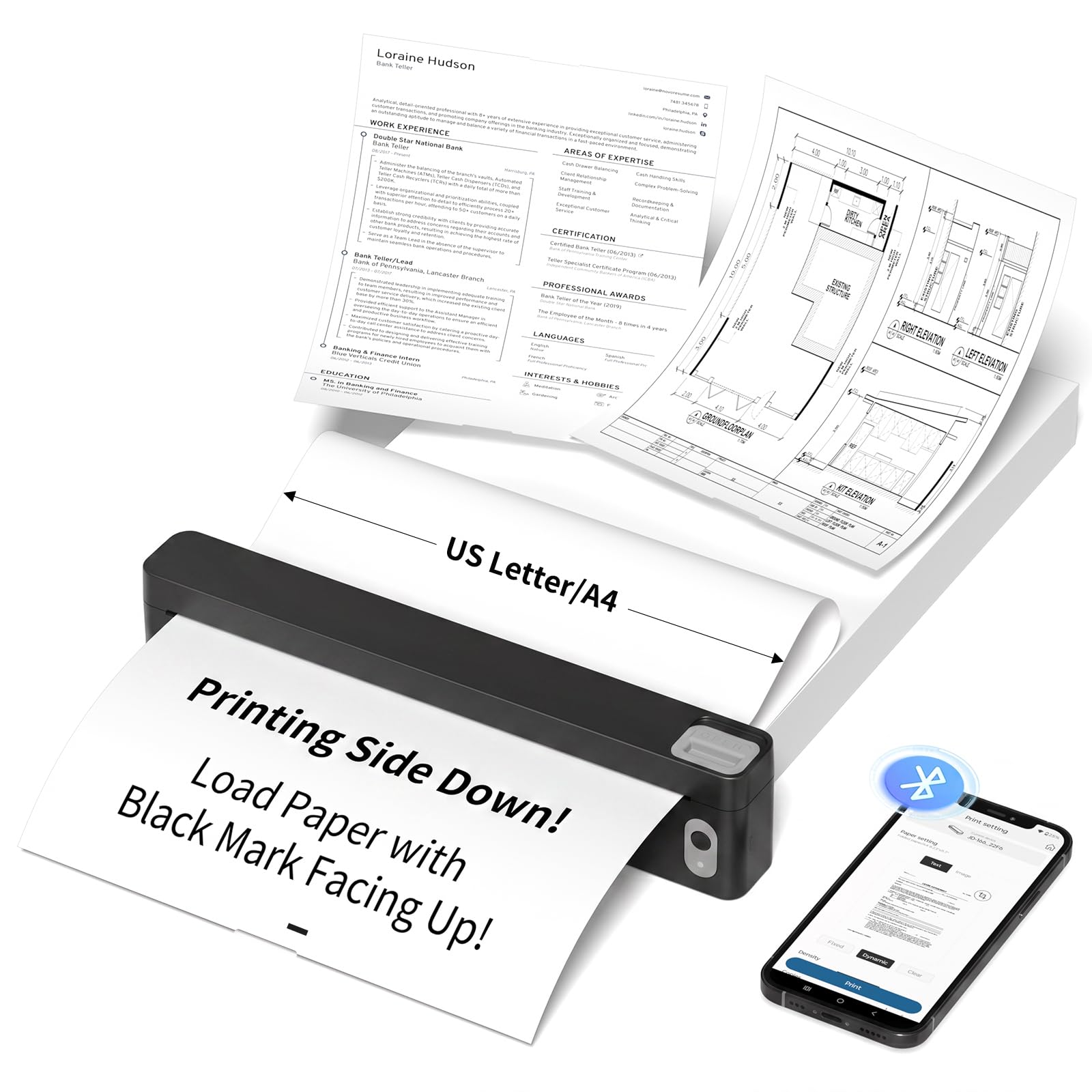 JADENS Portable US Letter Thermal Printer with Bluetooth, Inkless Printing | AI-