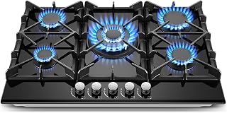 Gas Cooktop 30 Inch, Amzgachfktch 5 Burners Propane Stove, Built-in NG/LPG Convertible Gas Stove Top, Black Tempered Glass Propane Cooktop with Thermocouple Protection