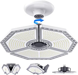 K KERNOWO LED Garage Lights, 140W 18500 Lumens Garage Lighting, 6000K Daylight with Deformable Three Panel Ceiling Light Fixture E26/E27 Triple Glow LED Shop Light for Basement Workshop Warehouse
