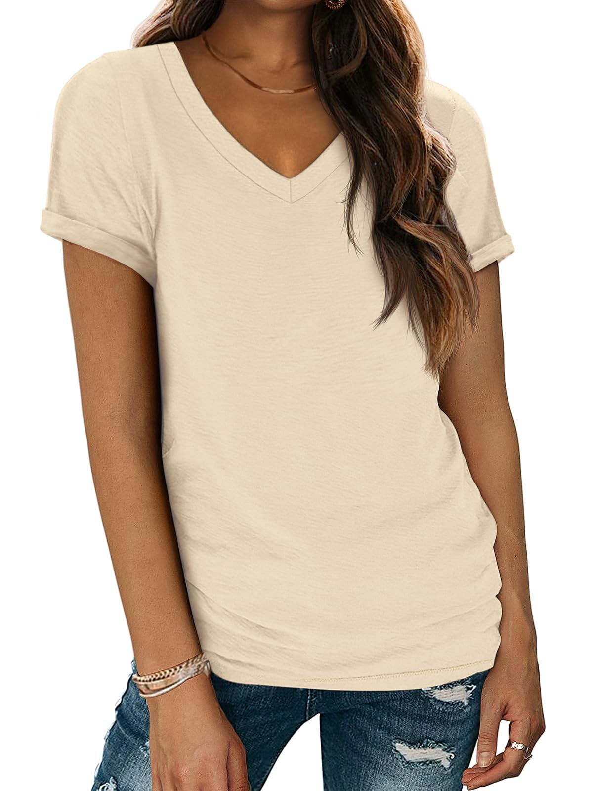 ATHMILE Short Sleeve V Neck T Shirts for Women Fashion Trendy Lightweight Casual