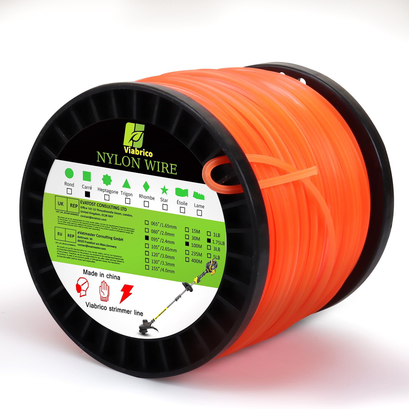 Viabrico .095" Weed Eater String, Square Orange Heavy Duty String Trimmer Line, 