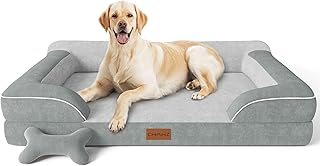 CWAWZ Jumbo Dog Beds for Extra Large Dogs, Orthopedic Dog Bed with Cooling Gel Memory Foam, Waterproof Pet Bed with Removable Washable Cover, 45" Pet Sofa Couch Dutch Velvet with Bone Toy, Light Gray