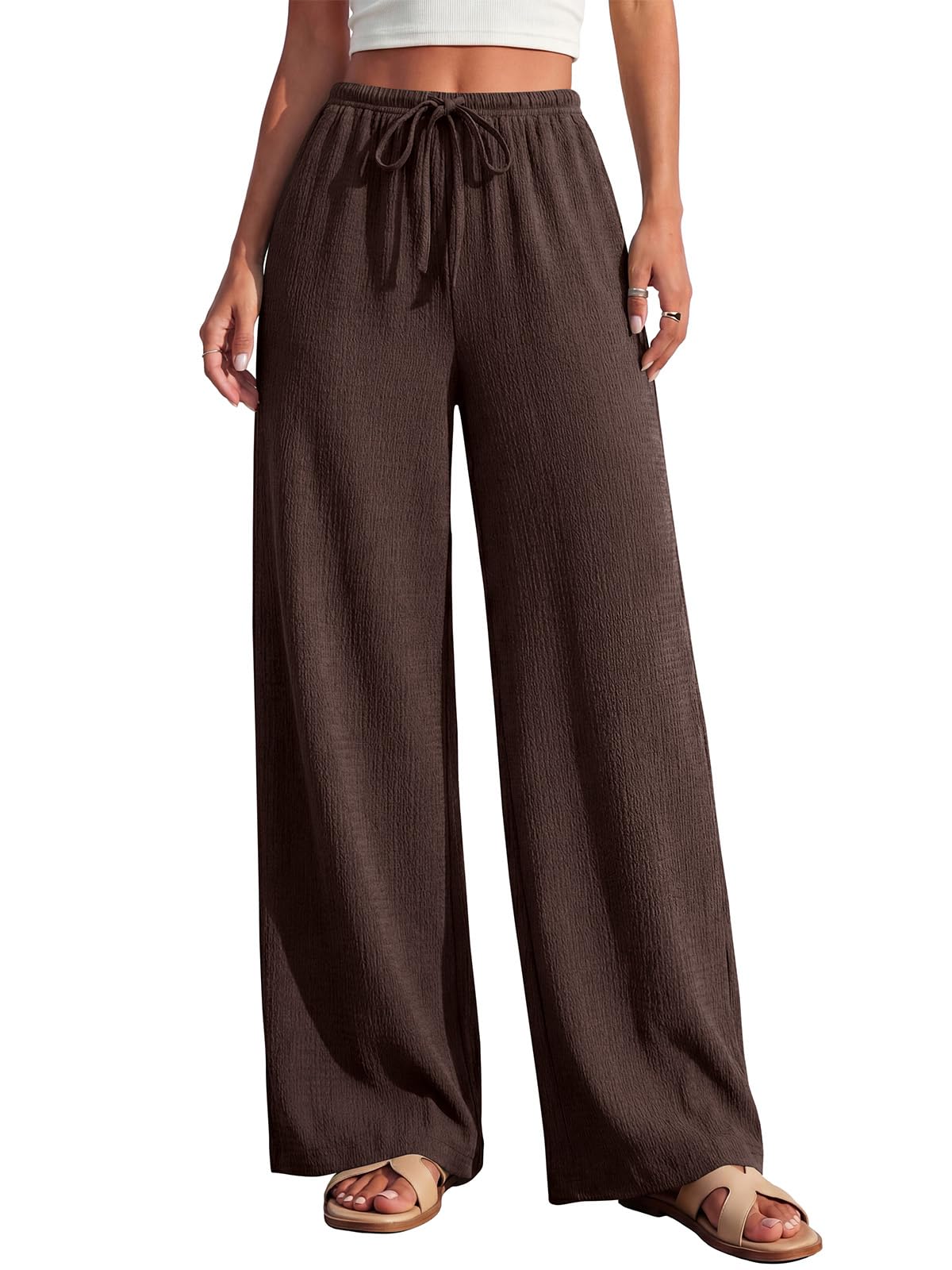 PRETTYGARDEN Womens Summer Elastic Waist Textured Flowy Palazzo Pants for Women 