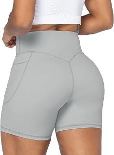 Sunzel Women's Seamless Cycling Shorts with Pockets, Gym Shorts Yoga Workout Gym Bike with Belly Control, 5"