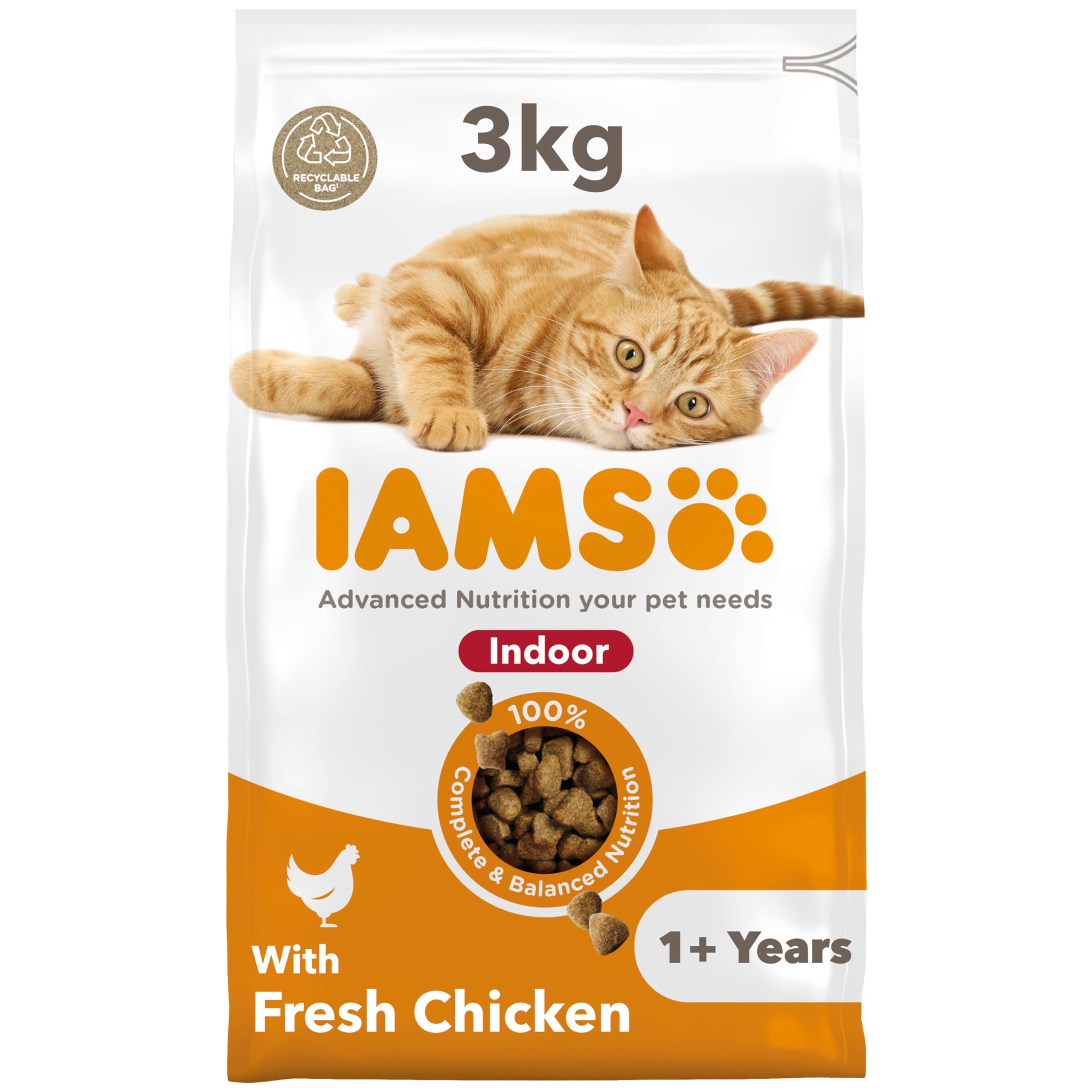 IAMS Indoor Complete Dry Cat Food Chicken 3kg - Litter Odour Control, Hairballs 