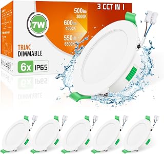 ALUSSO 3CCT LED Downlights Ceiling Dimmable 7W IP65 Cutout 67-75MM 6 Pack | Slim Recessed Ceiling Lights, 3000K 4000K 6500K Selectable Bathroom Kitchen Spotlights, Round White