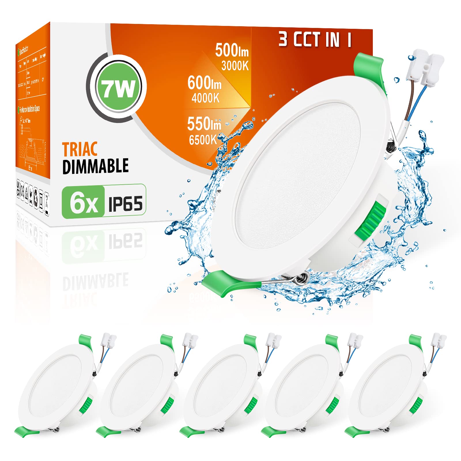 ALUSSO 3CCT LED Downlights Ceiling Dimmable 7W IP65 Cutout 67-75MM 6 Pack | Slim