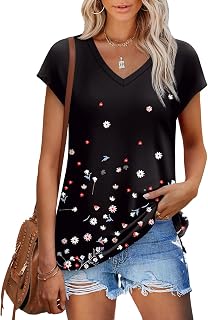 XIEERDUO Womens Tops V Neck Cap Sleeve Loose Fit Tee Shirts Summer Spring 2025 Eyelet/Printed
