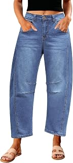 GRAPENT Barrel Jeans for Women High Waist Baggy Cropped Stretch Denim Pants