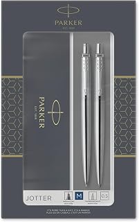 Parker Jotter Duo Gift Set with Ballpoint Pen & Mechanical Pencil (0.5mm) , Stainless Steel with Chrome Trim , Handwriting Pens & Stationery Supplies , Blue Ink Refill