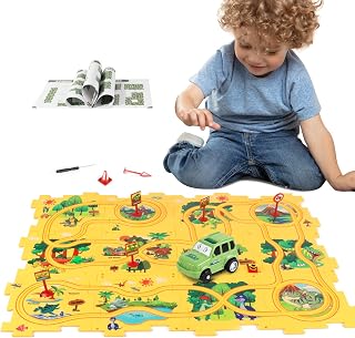 Dinosaur Plastic Floor Puzzle Track Car Play Set for 3 4 5 Year Old Boy Toy | Montessori Educational Toy, Railcar Puzzle, Develops Problem-solving & Creativity, Birthday Christmas Toy for Kids Ages 3 4 5