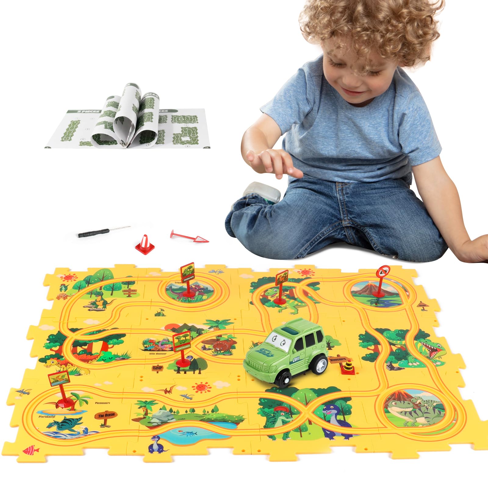Dinosaur Plastic Floor Puzzle Track Car Play Set for 3 4 5 Year Old Boy Toy | Mo
