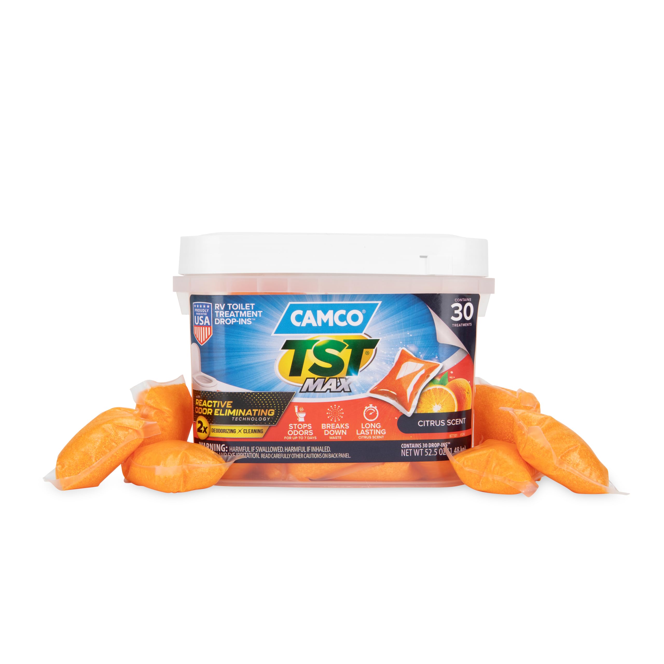 Camco TST MAX RV Toilet Treatment Drop-INs - Orange 30-pk - Made in the USA | Co