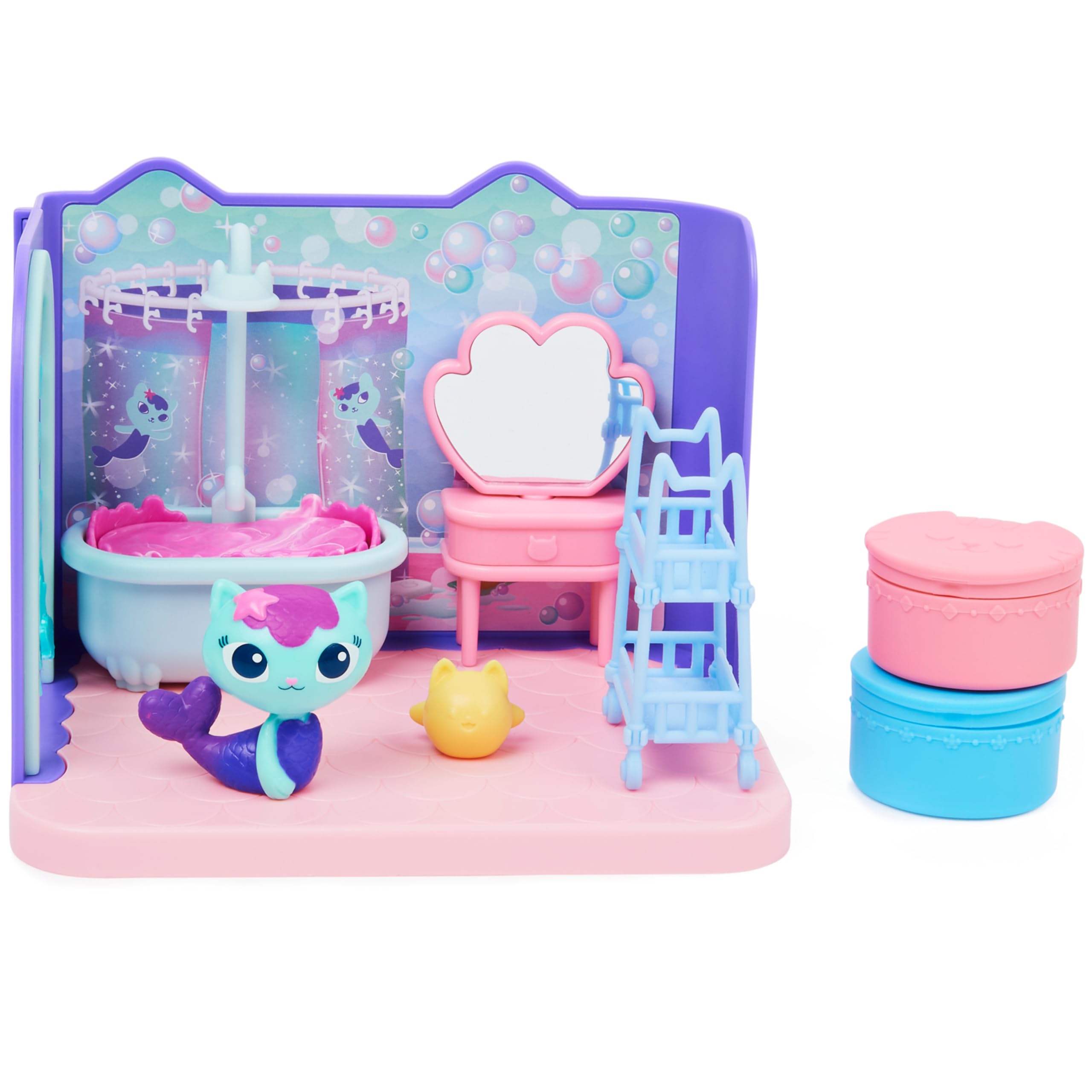 Gabby’s Dollhouse, Primp and Pamper Bathroom with Mercat Figure, 3 Accessories, 