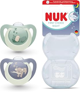 NUK First Choice Night Baby Dummies | 18-36 Months | Orthodontic Soothers that Glow in the Dark | Soothes 99% of Babies** | Hippo & Koala | 2 Count