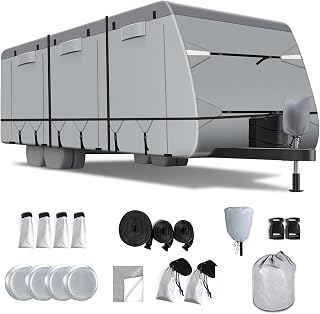 RV Cover, 420D Oxford Heavy Duty Travel Trailer Cover Fit 24-27 ft RV, Tear-Resistant Waterproof Breathable Anti-UV Camper Cover with 4 Tire Covers, Jack Cover, Windproof Straps, Gutter Covers
