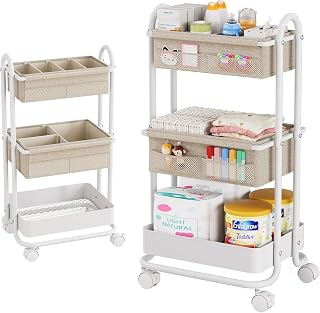 Modanais Baby Diaper Caddy Organizer Cart - 3 Tier Rolling Cart, Off White | Lockable Wheels, Baby Essentials Nursery Storage, Detachable Dividers - for Crib, Bedroom, Art &amp; Craft Organizer