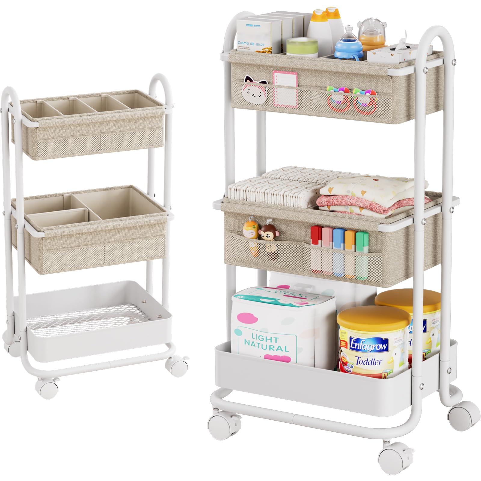 Modanais Baby Diaper Caddy Organizer Cart - 3 Tier Rolling Cart, Off White | Loc