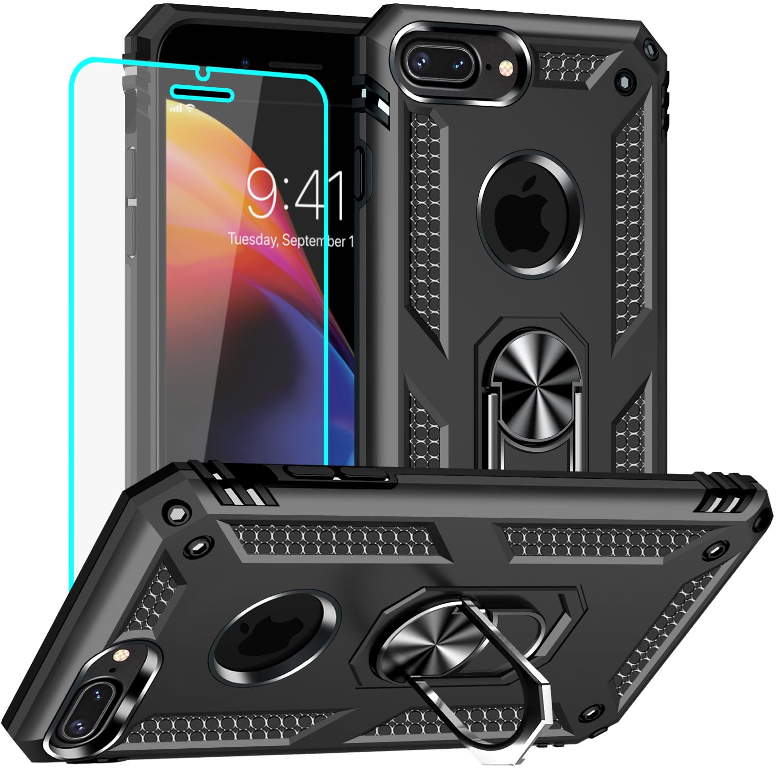 Yiakeng iPhone 8 Plus Case with HD Screen Protector, Military Grade, Ring (Black