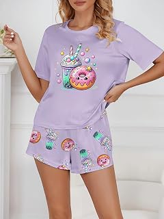 Set pigiama da donna a 2 pezzi, maglia a maniche corte e pantaloncini, morbido, per casa, viaggi e uso quotidiano
