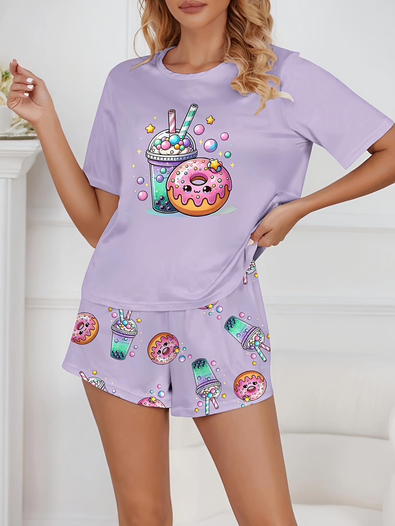 Set pigiama da donna a 2 pezzi, maglia a maniche corte e pantaloncini, morbido, 