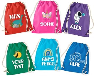 Pomchick, Personalised 100% Cotton PE Bag with Kids Name Back To School Swimming Kit Unicorn Astronaut Football Dinosaur Rainbow Drawstring Bag