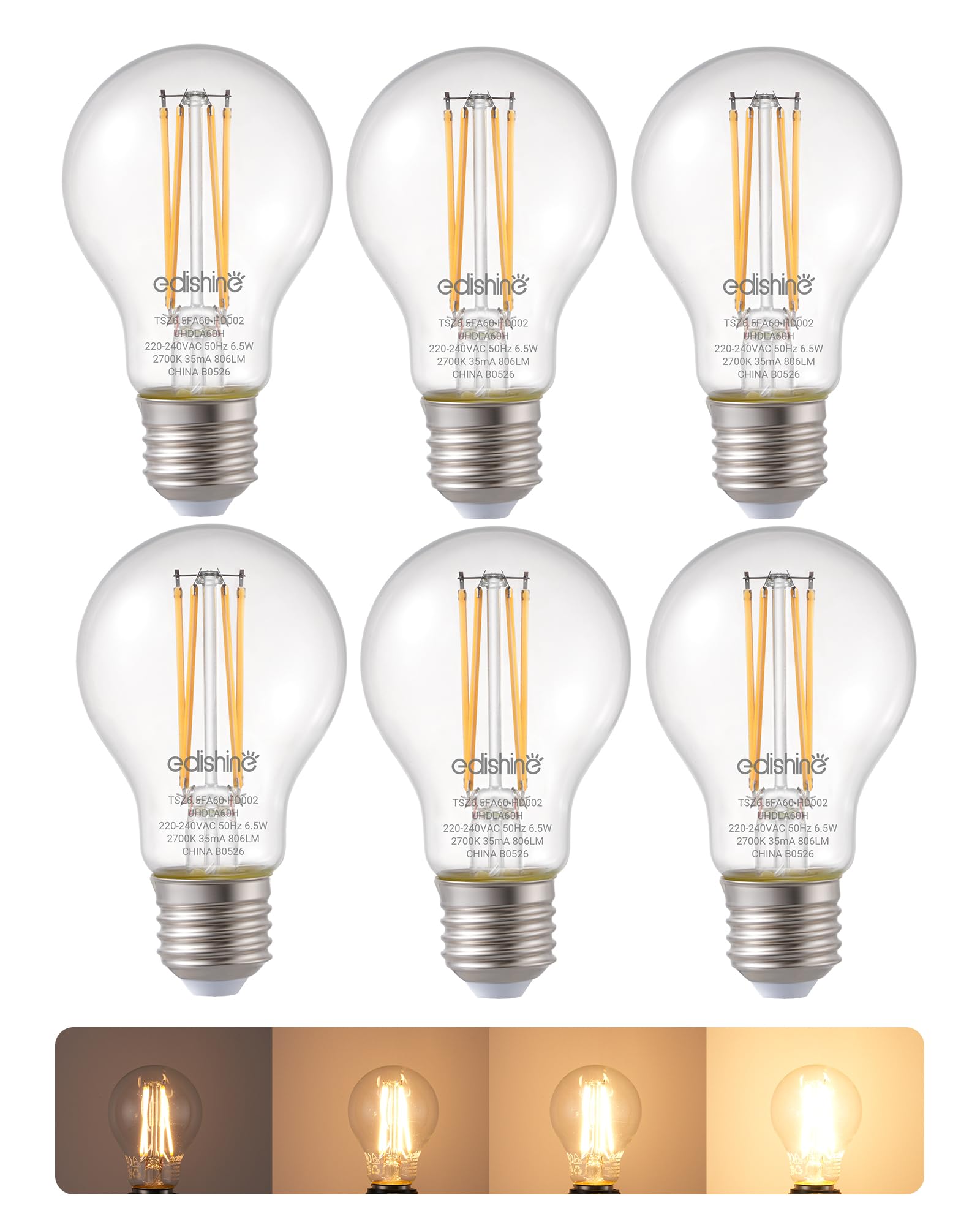 EDISHINE 6 Pack E27 Dimmable LED Edison Bulbs, 6.5W 2700K Warm White, 806LM | CR