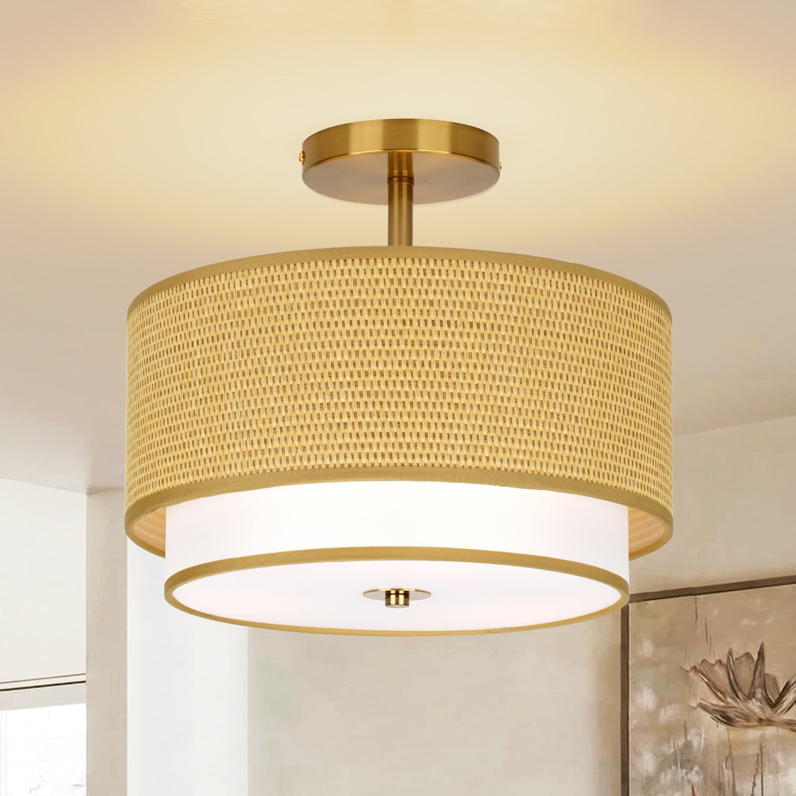 Vexagyle Boho Light Fixtures Woven Rattan-Style Flush Mount Ceiling Light, 12.6i
