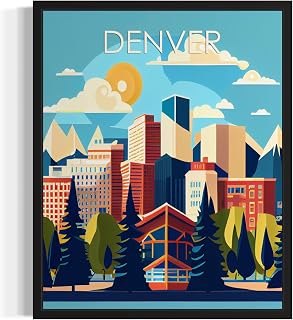 Denver Unframed Poster Art Print, Retro City Mountain and Lake Landscape Artwork, Wall Art Vintage Decor Picture For Bedroom Office Home Decor 64 (Denver, 36"L x 24"W, Unframed)
