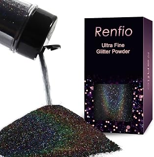 Renfio Holographic Ultra Fine Black Glitter Powder Metallic Resin Glitter | 2.11 Oz (60g) PET Crafts Sequins 1/128" 0.008" 0.2mm Epoxy Chips Flakes for Tumblers Slime Olympic Decorations - Laser Black