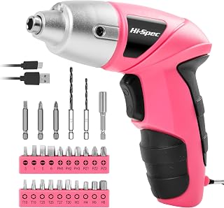 Hi-Spec Small Electric Screwdriver, Mini Drill Set, Rechargeable 3.6V Cordless Screwdriver with 26 Driver Bits, Power Tool for Small Projects & Home Use, Pink