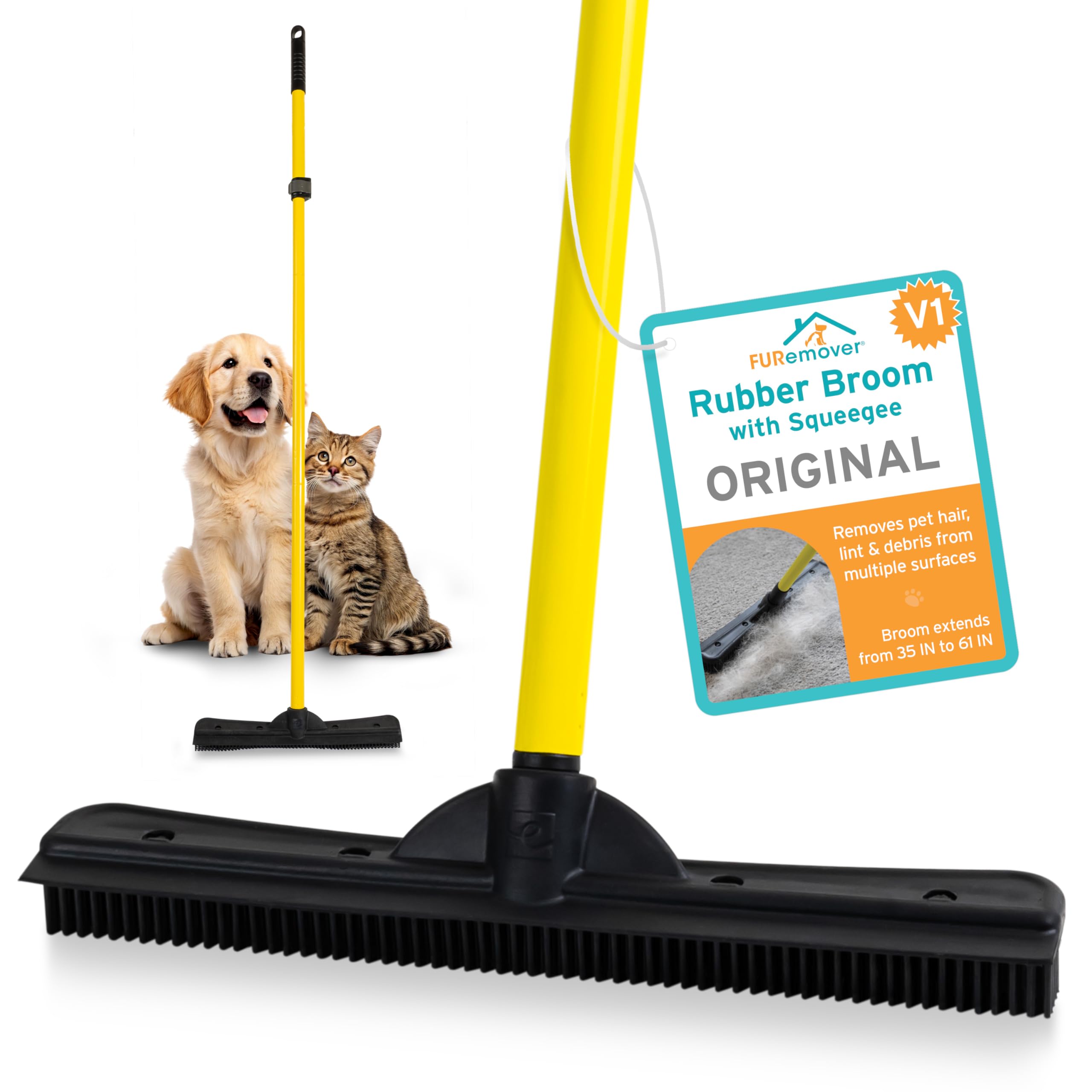 FURemover Pet Hair Removal Rubber Broom, 61" Telescopic Handle | Multi-Surface R