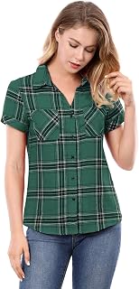 Allegra K Women's Plaid Shirt Cotton Short Sleeve Button Up Western Shirt