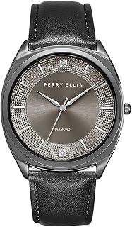 Perry Ellis Slim Diamond Men’s Watch – Round Green Dial, Brown Leather Strap, Silver Finish, Water-Resistant Analog