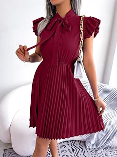 Women Tie Neck High Elastic Waist Cap Sleeve Dress A Line Swing Flowy Pleated Hem Mini Dress