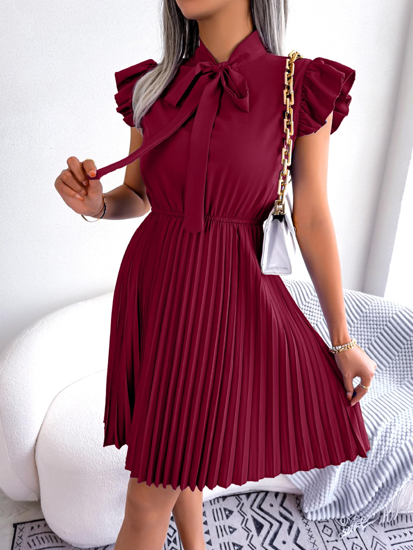 Women Tie Neck High Elastic Waist Cap Sleeve Dress A Line Swing Flowy Pleated He