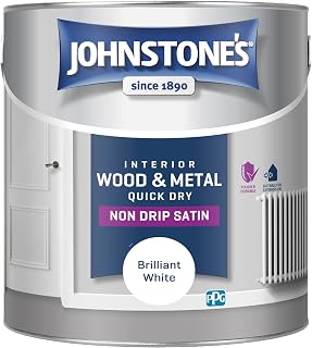 Johnstone's - Quick Dry Satin Wood & Metal Paint - Brilliant White - 2.5L | Satin Finish, Interior & Exterior Wood & Metal, 1-2 Hour Dry Time, Low Odour, Water Based Formula, 30m2 Per Tin