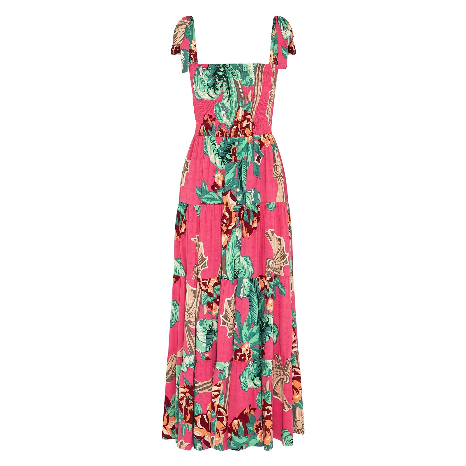Kinstel Women's Summer Boho Spaghetti Strap Square Neck Ruffle Casual Flowy Long