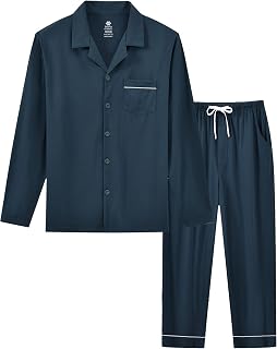 MoFiz Men's Long Cotton Button Down Pyjama Set Long Sleeve