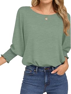 WNEEDU Womens 3/4 Sleeve Round Neck Loose Fit Pleated Ruffle Blouse Tops for Women