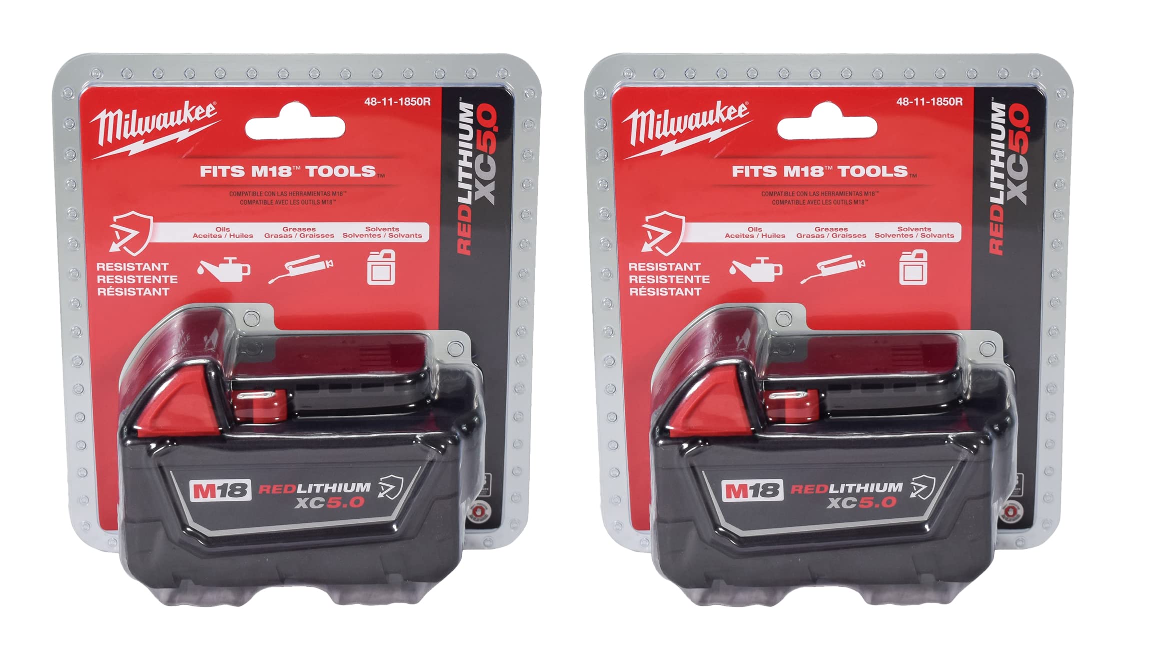 Milwaukee 48-11-1850R M18 18V 5Ah XC Extended Capacity Resistant Battery 2 Pack,