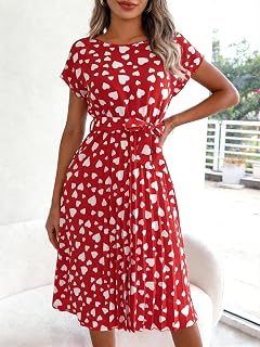 Women Floral Dress Short Sleeve A-Line Pleated Tie Waist Swing Midi Dress Casual Work Wedding Guest Vacation Dress