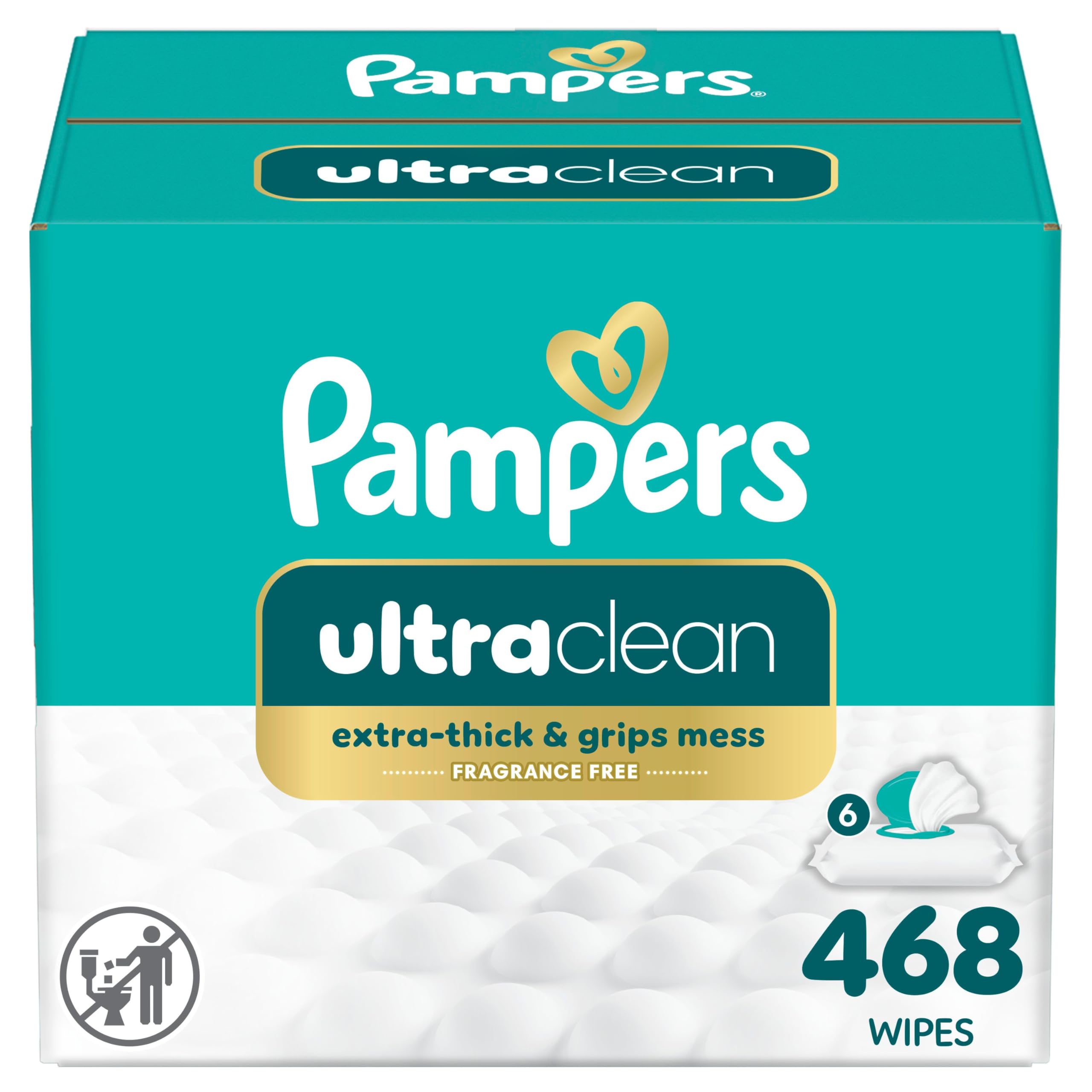 Pampers Free & Gentle 100% Plant-Based Fragrance Free Baby Wipes, 6 pack, 468 Co