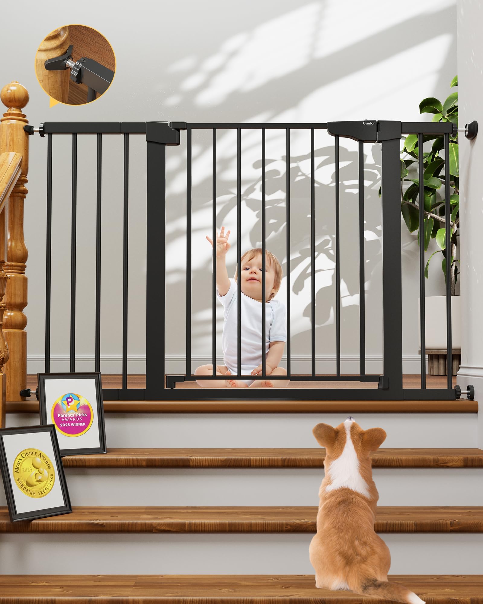 Cumbor 30-48 in Baby Gate for Stairs, Auto Close Dog Gate Indoor, Black | Mom's 