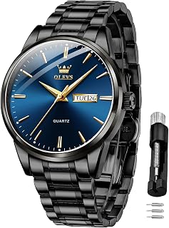 OLEVS Montre à quartz pour homme avec bracelet en acier inoxydable doré et noir - Étanche - Lumineuse - Classique et élégante - Cadeau
